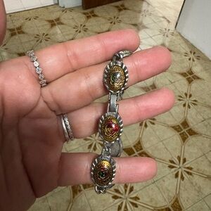 Elegant Silver Enamel Bracelet with Inlaid Roses
